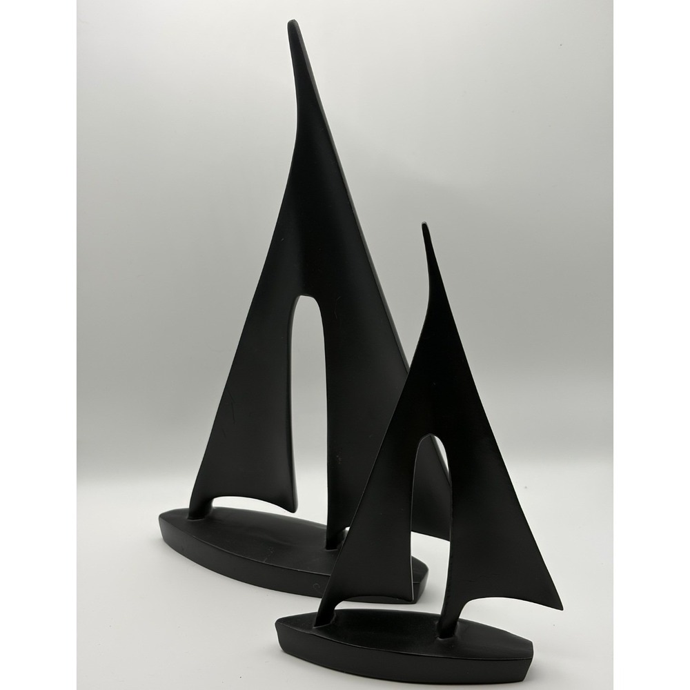 Modern Matte Black Sailboat Sculpture Set 2 Piece Minimalist Nautical Decor